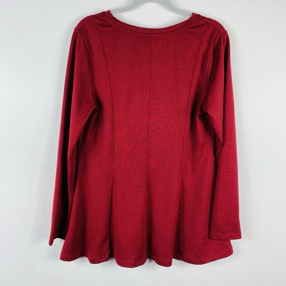 Denim & Co. Size Small Heathered Jersey V-Neck Long Sleeve Fit & Flare Top Red - Picture 2 of 4